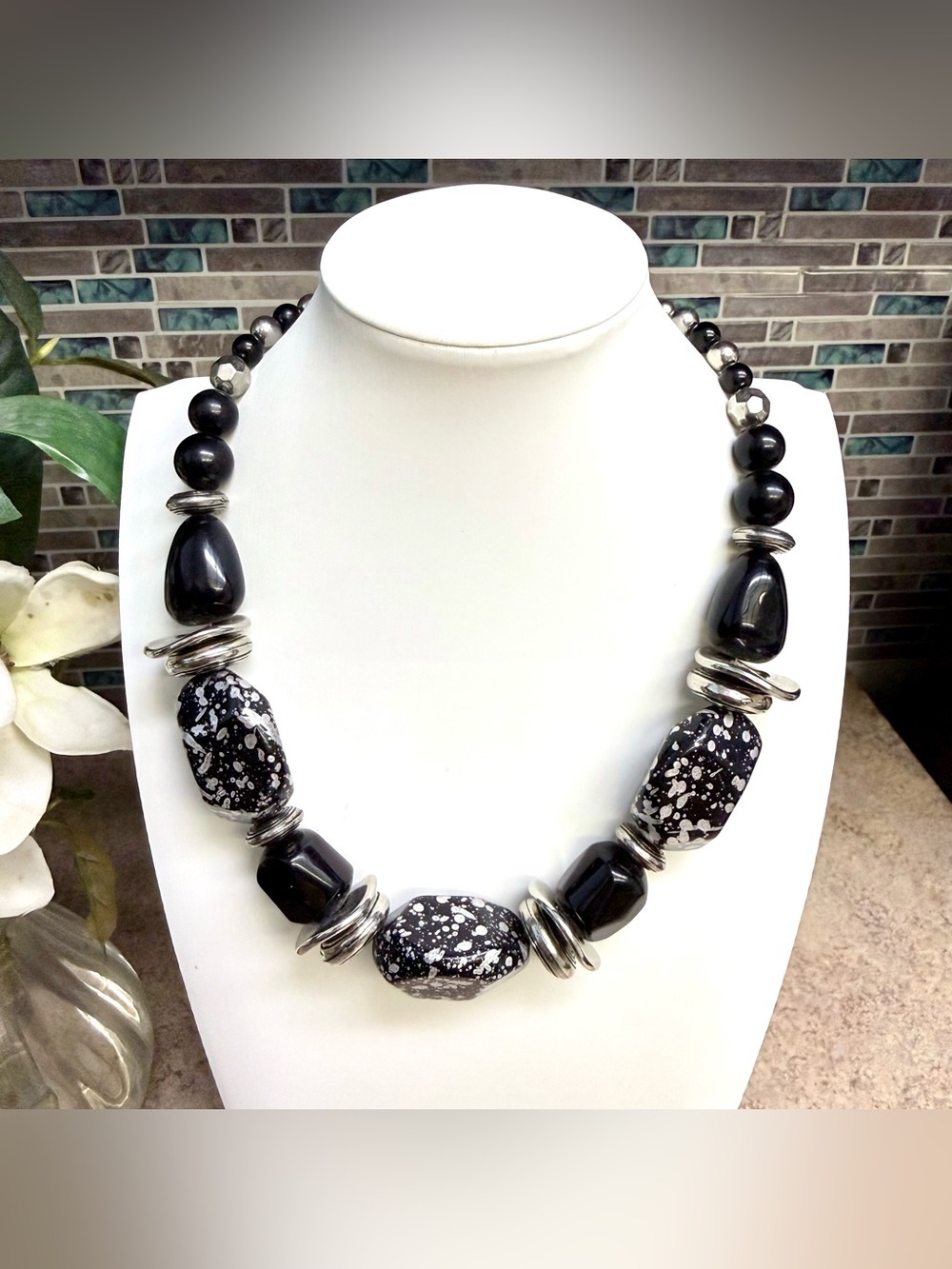 Chunky black and silver statement necklace